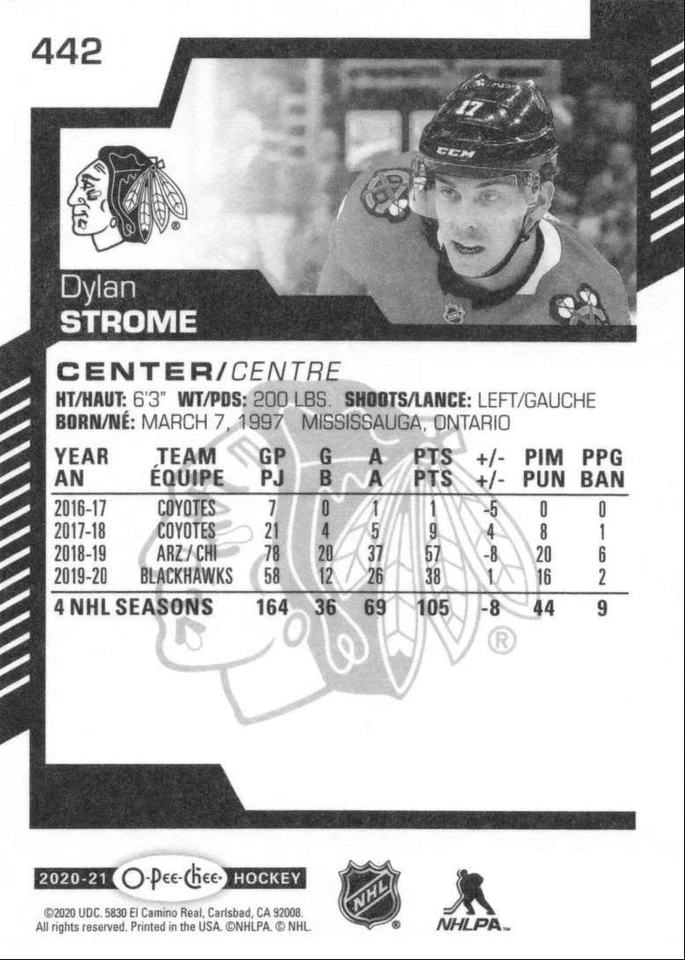 2020-21 O-Pee-Chee Dylan Strome Chicago Blackhawks #442 - Image 2 of 2