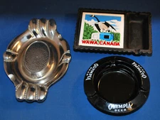 3 Vintage Souvenir Ashtrays Metal Wawa Canada, Glass Olympia Beer, Metal Japan