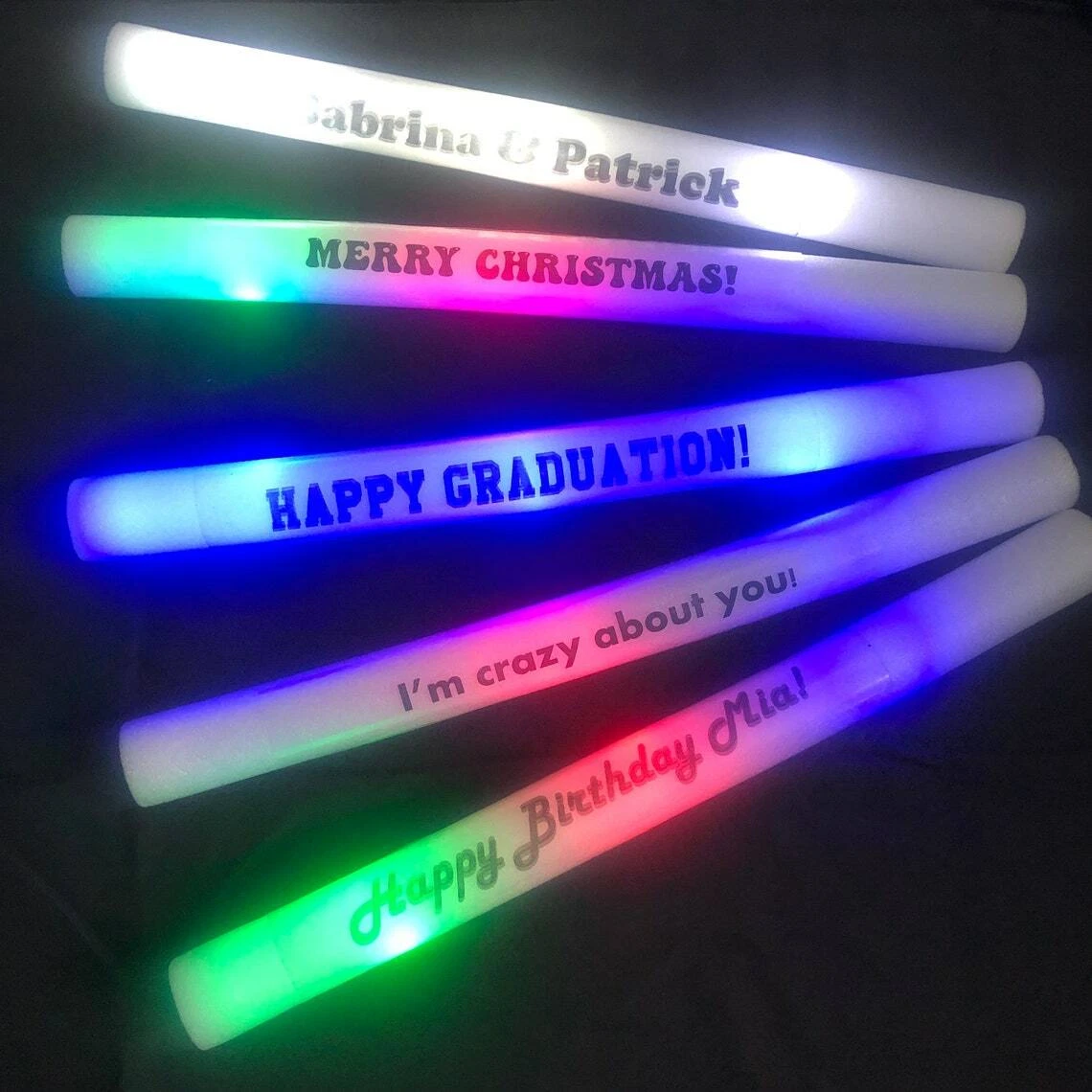 PERSONALIZED 18 Multicolored Glow Sticks, LED Foam, Flashing, 3 modes 24  pcs