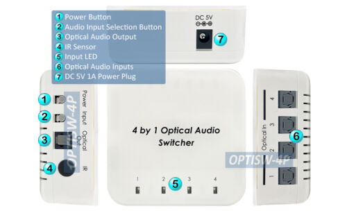4-Port Digital Audio Switch With IR Remote Push Button Control Switching - Picture 3 of 4