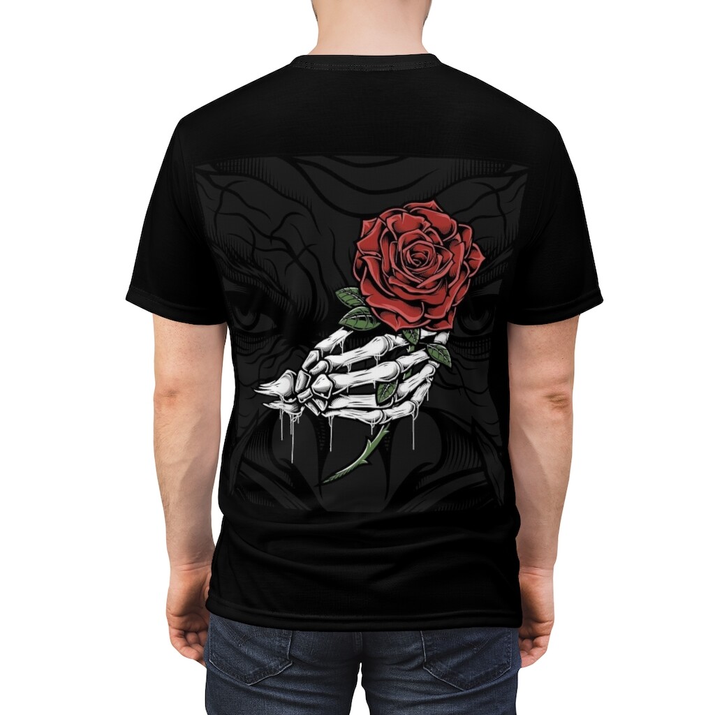 Skull with eyes and hand in rose