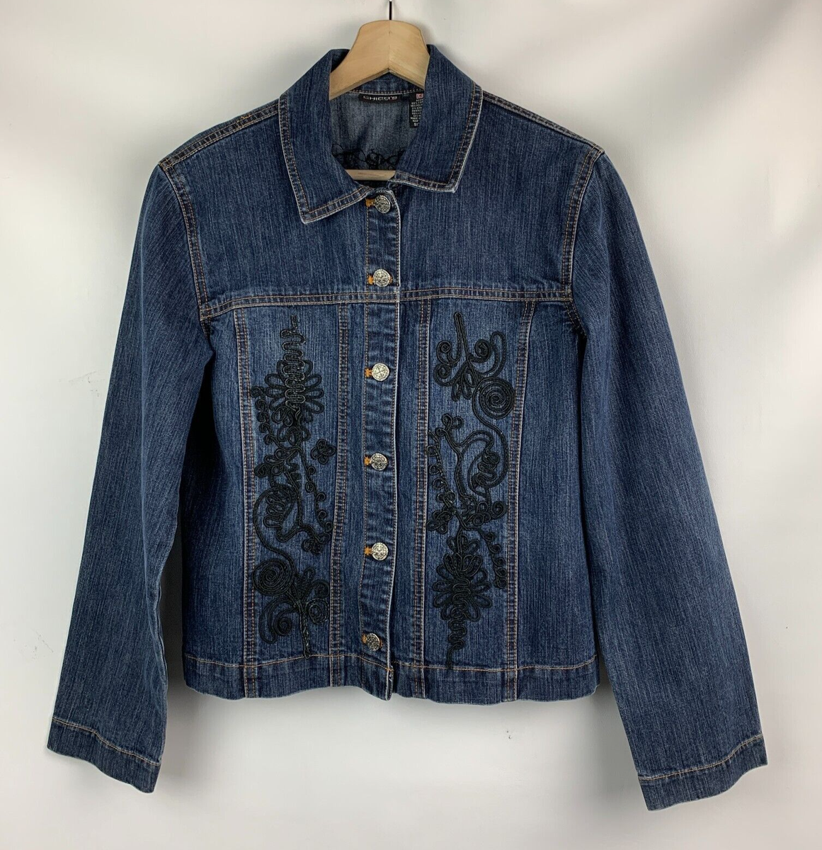 Chico's Denim Jacket Blue Collared Buttons Black Embroidered