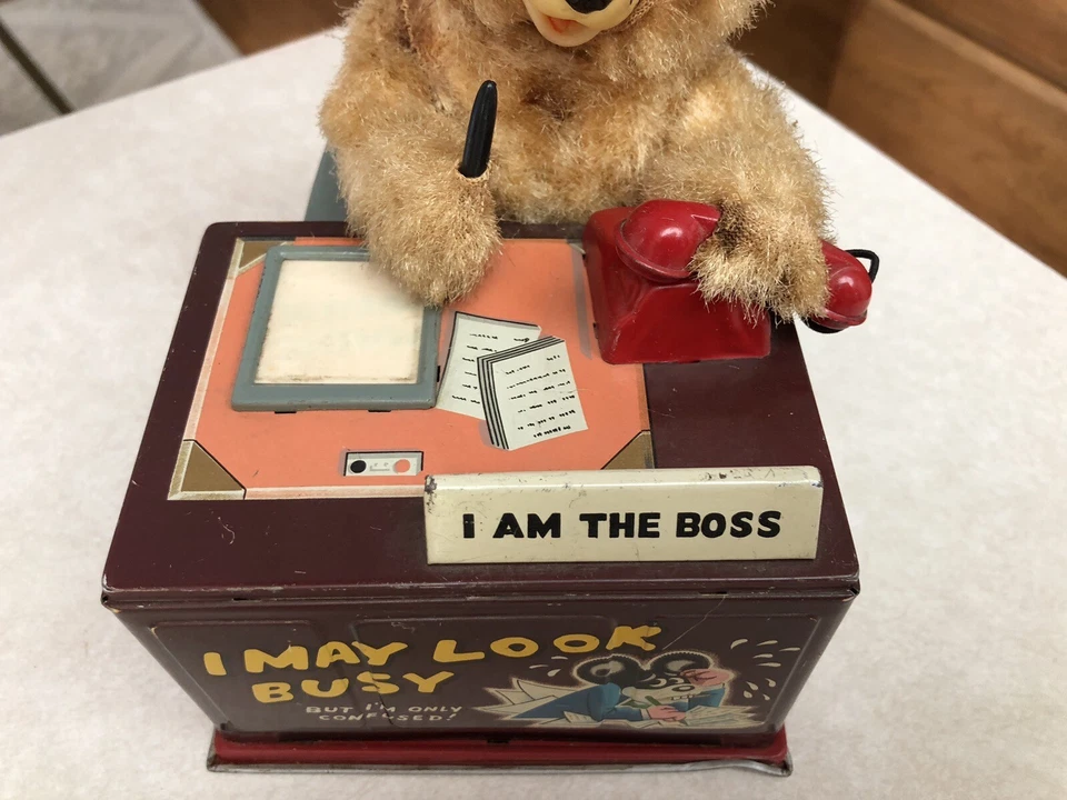 Oso litográfico a batería vintage Linemar marca registrada 'I Am The Boss' juguete de hojalata, Japón Foto 2 de 4