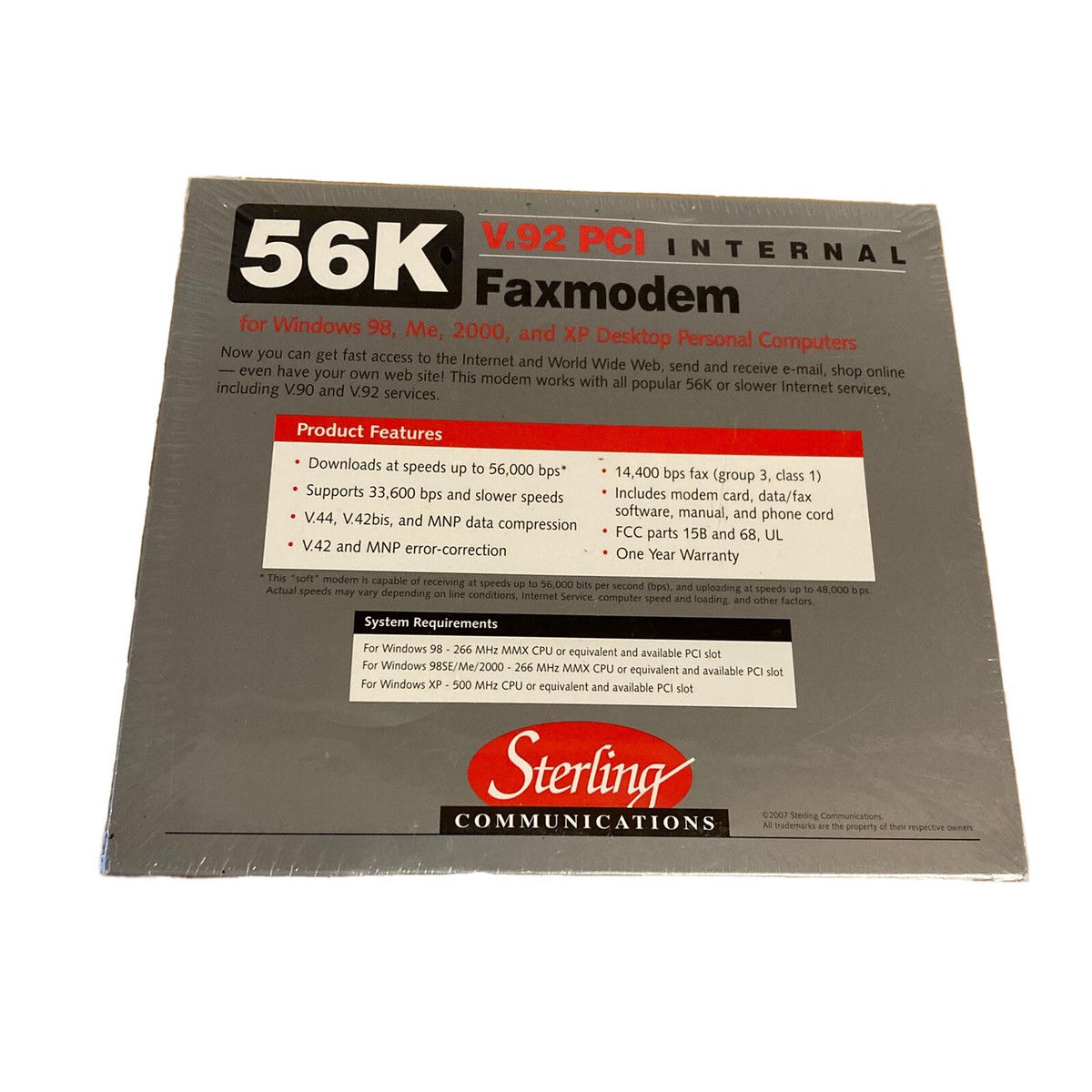 56K MODEM Internal Faxmodem V.92 PCI Sterling Communications Model 
