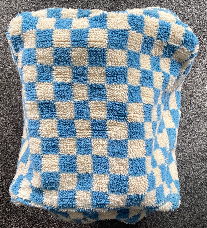 Light Blue and white Moroccan Berber wool checkered pouf ! Floor cushion - Image 2 of 4