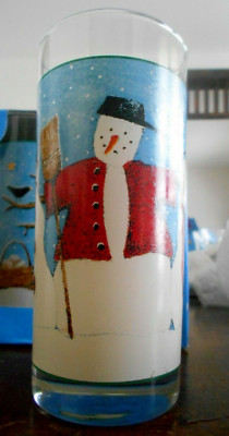 Snowman Cooler Tumbler (s) 16 oz. Glass Sakura Debbie Mumm 1997 White Blue Red !