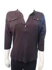 Lauren Ralph Lauren Top Women's Size M Black Roll Tab Sleeve Casual Gold Accent