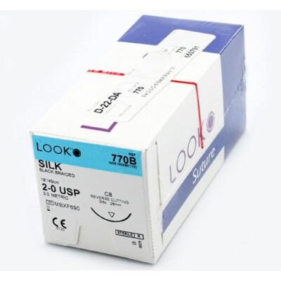 Look 770B Silk Black Braided Reverse Cutting Sutures C-8 2/0 18'' 12/Pk