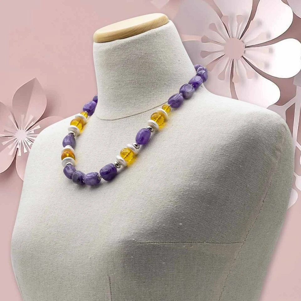 Collana in Ametista Citrino Perle pietre dure e argento 925 girocollo da donna - Immagine 4 di 4