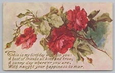 Greetings~Red Roses On Thorn Branch~Birthday Wish Poem~Vintage Postcard