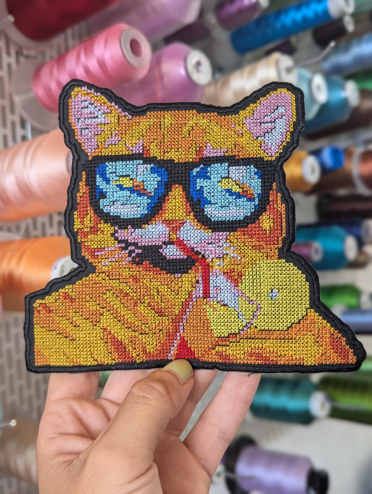 Parche Bordado Gato Punto De Cruz. Para Coser O Planchar. De 15cm.