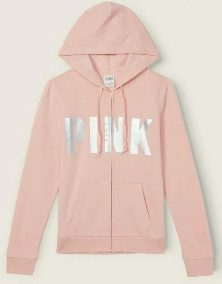 XL VICTORIAS SECRET PINK FULL ZIP HOODIE JACKET SILVER PINK SHINE NWT FOIL  BLING