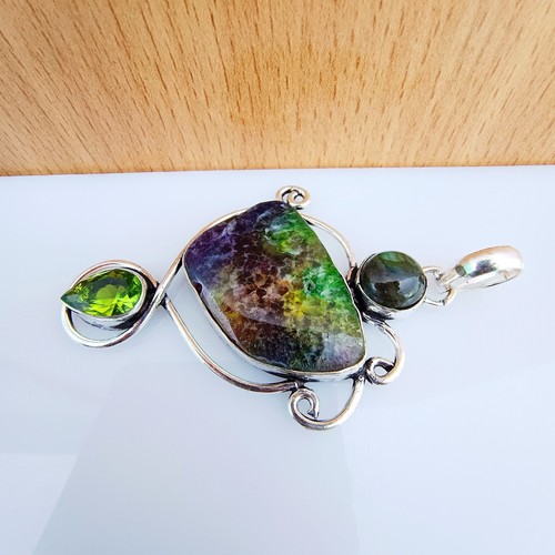 Solar Quartz Peridot Labradorite Gemstone 925 Sterling Silver Handmade Pendant - Picture 4 of 9
