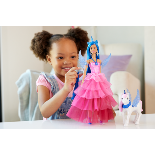 Barbie unicorno giocattolo, bambola 65 ° anniversario con capelli blu abito rosa e alicorno per animali domestici - Foto 7 di 10