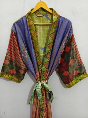 Multi Color Robe Bathing Gown Bikini Cover Up Recycled Sari Silk Kimono, B-3472