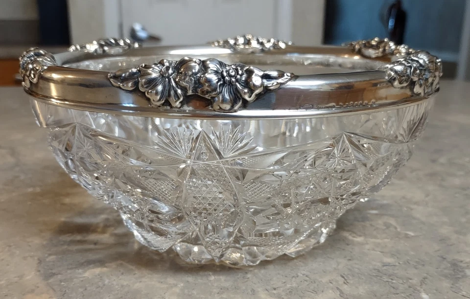 Cuenco de vidrio cortado Gorham ABC 1903 borde de plata esterlina floral/Starburst Foto 2 de 4