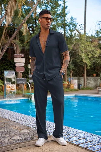 Men Outfit 2-Piece Set Half Sleeve Button Shirt and Pants Sweatsuit Set - Picture 16 of 30