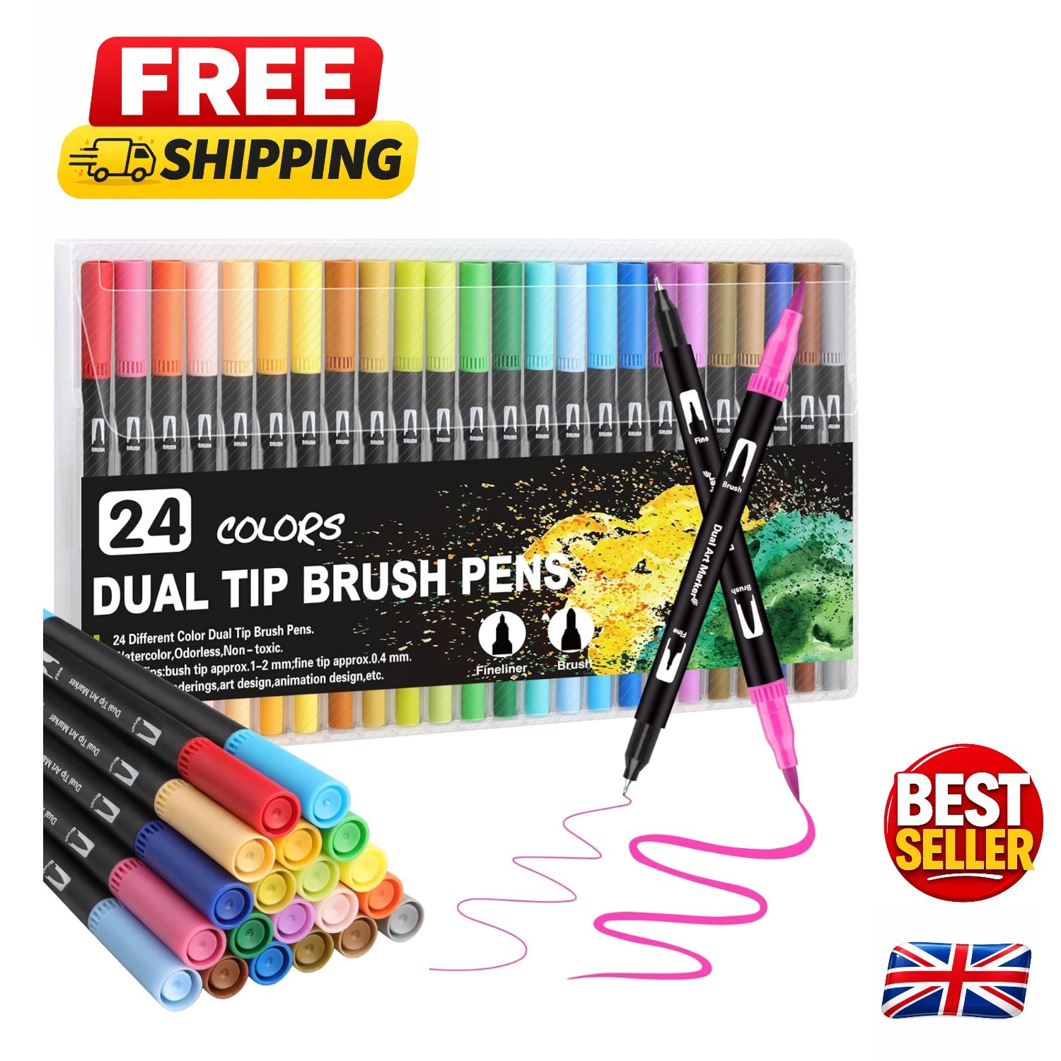 24 Non-Toxic Felt Tip Brush Pens - Perfect for Adult Drawing and Calligraphy