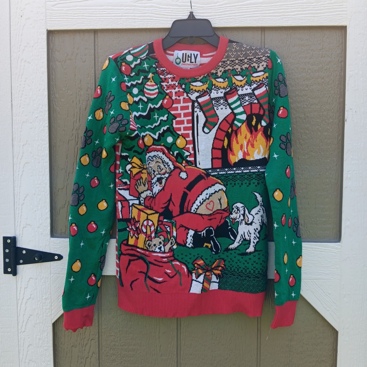 Ugly Christmas Party Whimsical Santa Dog Holiday Pullover Sweater Size S