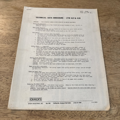 Dixon Technical Data Brochure ZTR 427 & 428 1986
