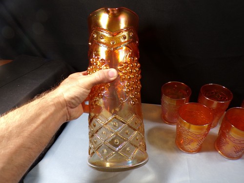Fenton Marigold Carnival Glass Lattice & Grape Water Set Tankard & Tumblers - Picture 5 of 16