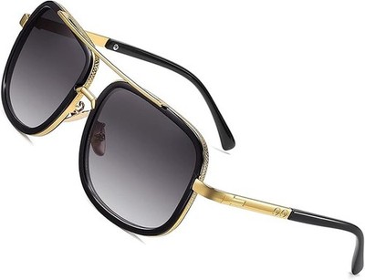 Men's Sunglasses Square One Gold Colored Metal Frame Top Bar Oversize Shades NEW