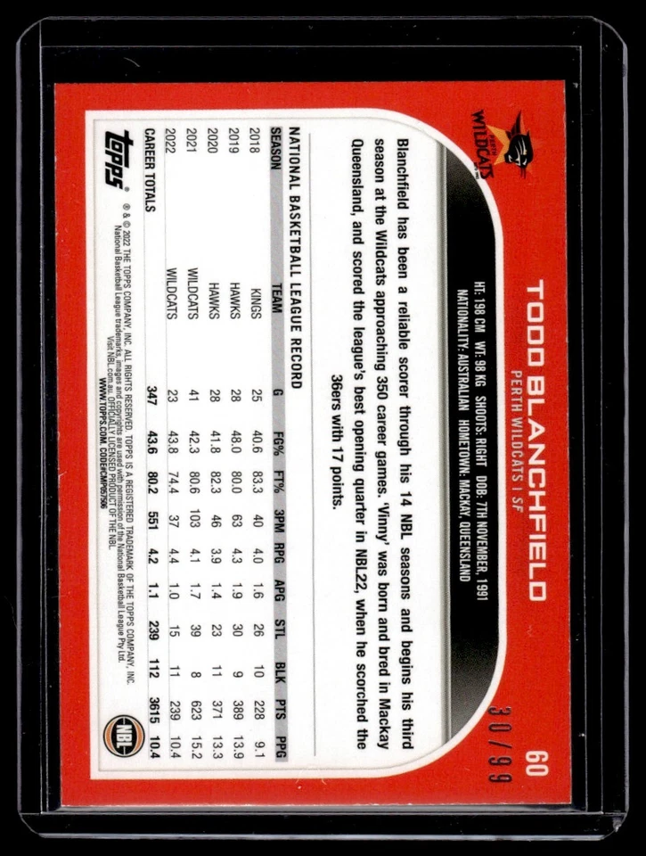 2022-23 Topps NBL Green Todd Blanchfield 30/99 Perth Wildcats #60 - Image 2 of 2