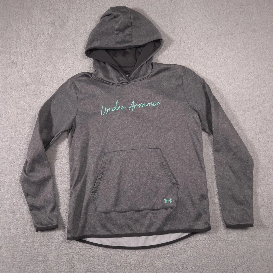 Under Armour Hoodie Womens Small Gray Loose Fit Pullover Script Logo Pocket - Image 2 of 4
