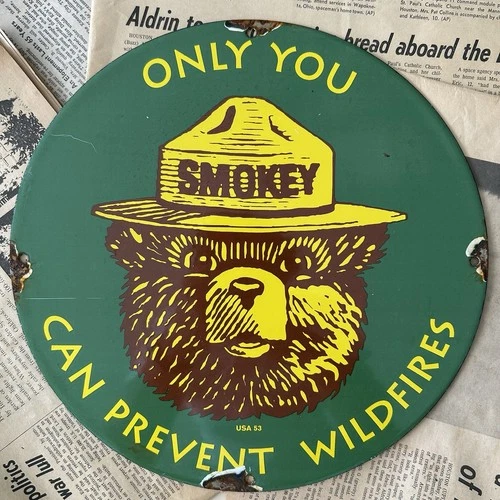 VINTAGE 1953 SMOKEY THE BEAR WILDFIRE FOREST FIRE 12 INCH PORCELAIN ENAMEL SIGN