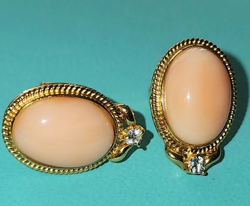 ESTATE VINTAGE LARGE 18kt SOLID GOLD NATURAL ANGEL SKIN CORAL EARRINGS - Picture 3 of 18