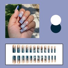 Nail Stickers Removable Rectangular Blue Water Wave Ombre White Floral Accents