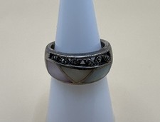 Vintage 925 Sterling Silver Ring With Mother Of Pearl  Marcasite Inlay