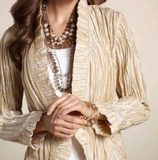 Chicos Gold Crinkle Open Front Jacket M 1 Travel Soft Lightweight Event Party