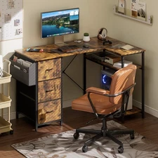 47 inch L Shaped Computer Desk with Drawers & Shelves, Corner Desk with Side Bag