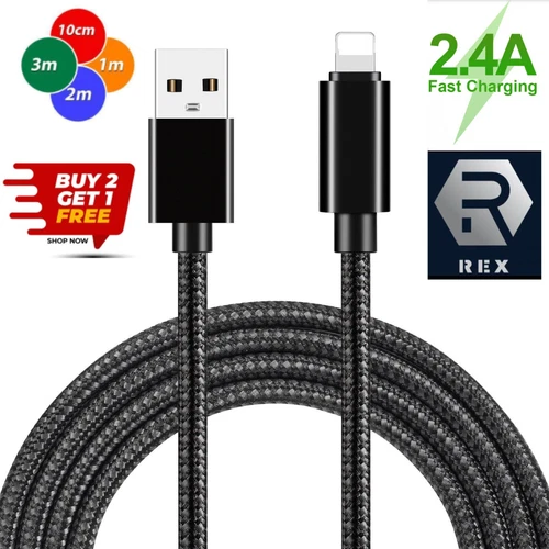 For iPhone Charger Cable Heavy Duty Braided USB Charging Lead Data Sync 1M 2M 3M