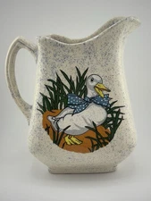 Vintage 1980s Speckled Stoneware Pitcher Country Blue Goose Bow Farmhouse