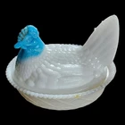 RARE Vintage Blue Slag Head On Milk Glass Body Hen on Nest Candy Trinket Dish