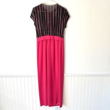 Vintage 70s Metallic Strip Long Pink Bow Back Dress size medium