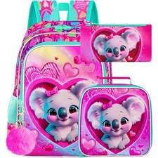3 PCS Cute Heart Girls School Backpack Bookbag Lunch Box Set Water Resistant