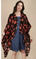 Free People Poppy Field High Low Kimono Black W/Red Orange Print
