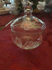 Glass Jar With Flowers & Lid Pretty ! 4 1/2 W