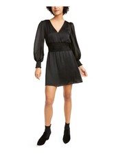LEYDEN Womens Fit + Flare Short Dress Black Satin Long Sleeve V Neck Cocktail S