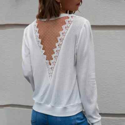 Pullover Maglia Longsleeve Damen Transparent Weiß Satin Rundhalsausschnitt 33464