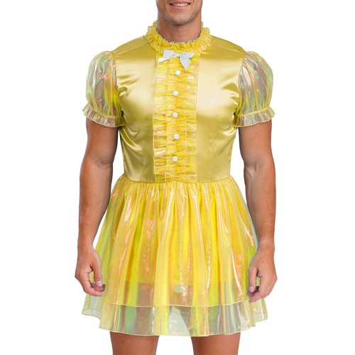 Men Sissy Maid Ruffled Dress with Puff Sleeve Sparkly Chemise Sleepwear Night - Picture 38 of 87