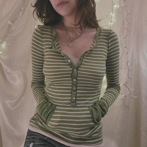 Retro Striped Long-Sleeved T-Shirt Single-Breasted Deep V-Neck Tight Sexy Tops - Picture 12 of 16