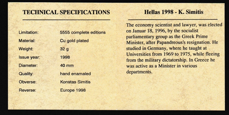 Europa 1998 Greece Konstantinos Simitis Gold Plated Cu Proof Enamel Medal w/CoA - Image 3 of 4