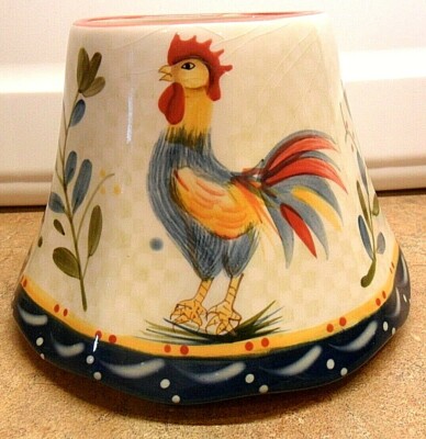 HOME INTERIORS HOMCO JAR CANDLE SHADE TOPPER ROOSTER FLORAL & DARK BLUE BAND