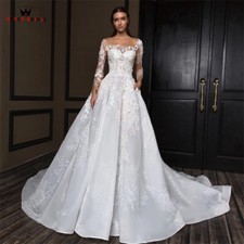 White Ivory Lace Appliques A Line Wedding Dress Long Sleeve Sheer Bridal Gown