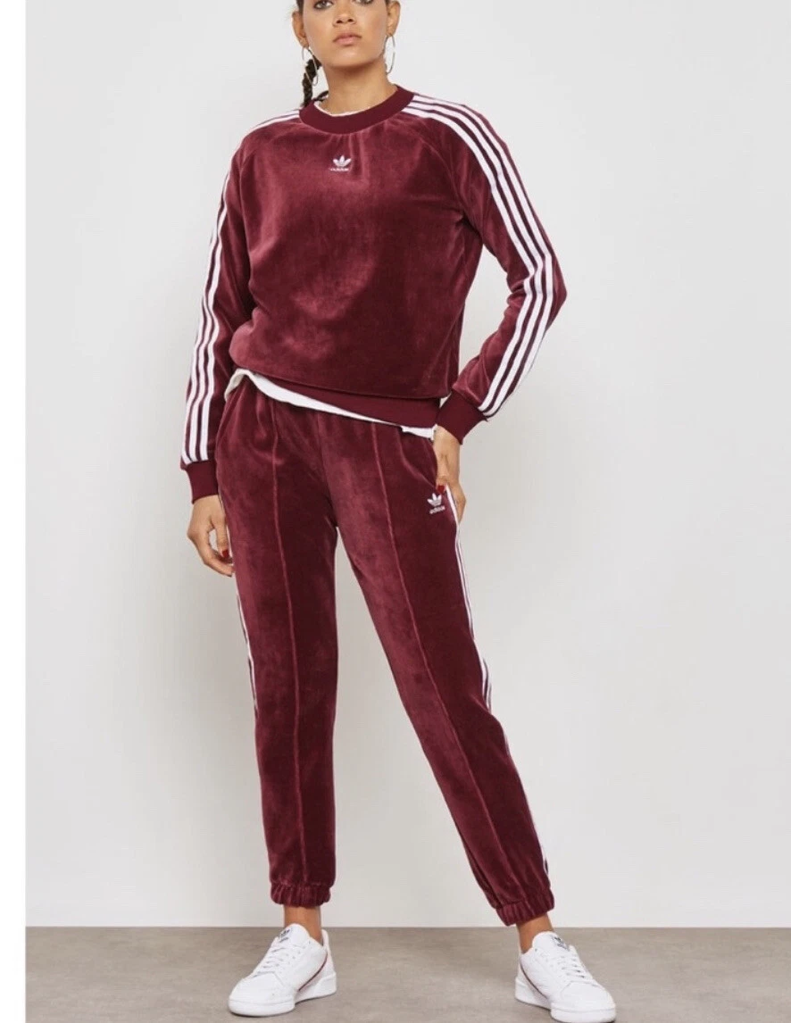 Adidas Originals Women\'s Velour 2PC PANTS | S Neck Crew SET eBay Sweater MAROON TRACK