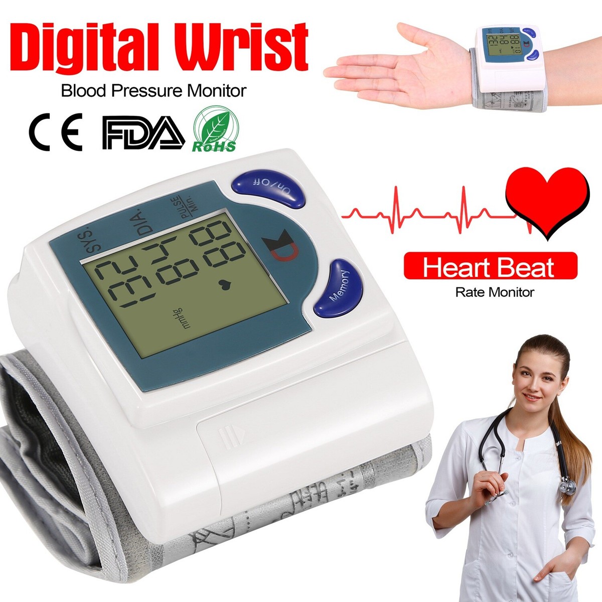 Automatic Wrist Blood Pressure Monitor Heart Rate Cuff Meter